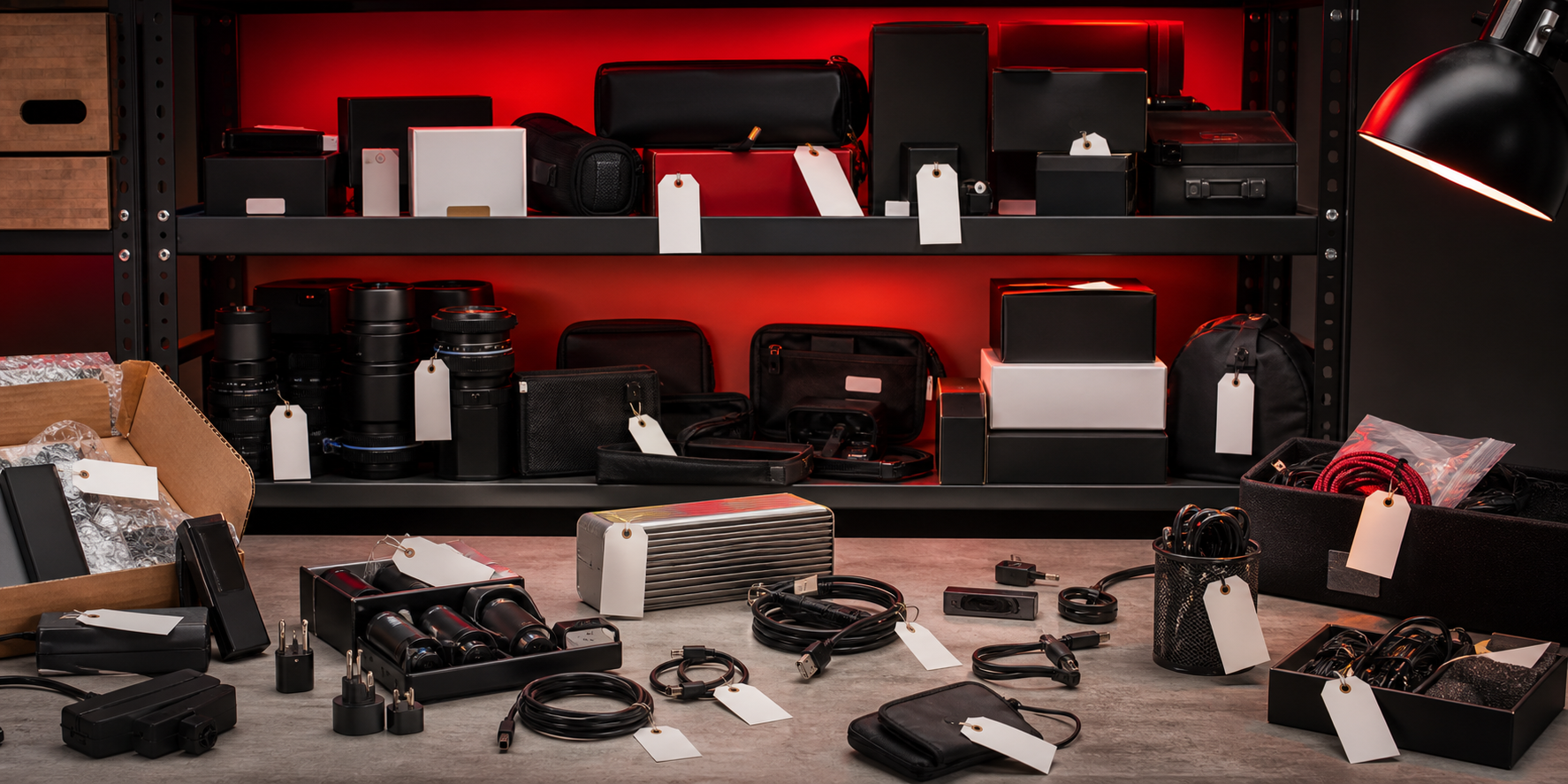 Outlet tech accessories on a shelf