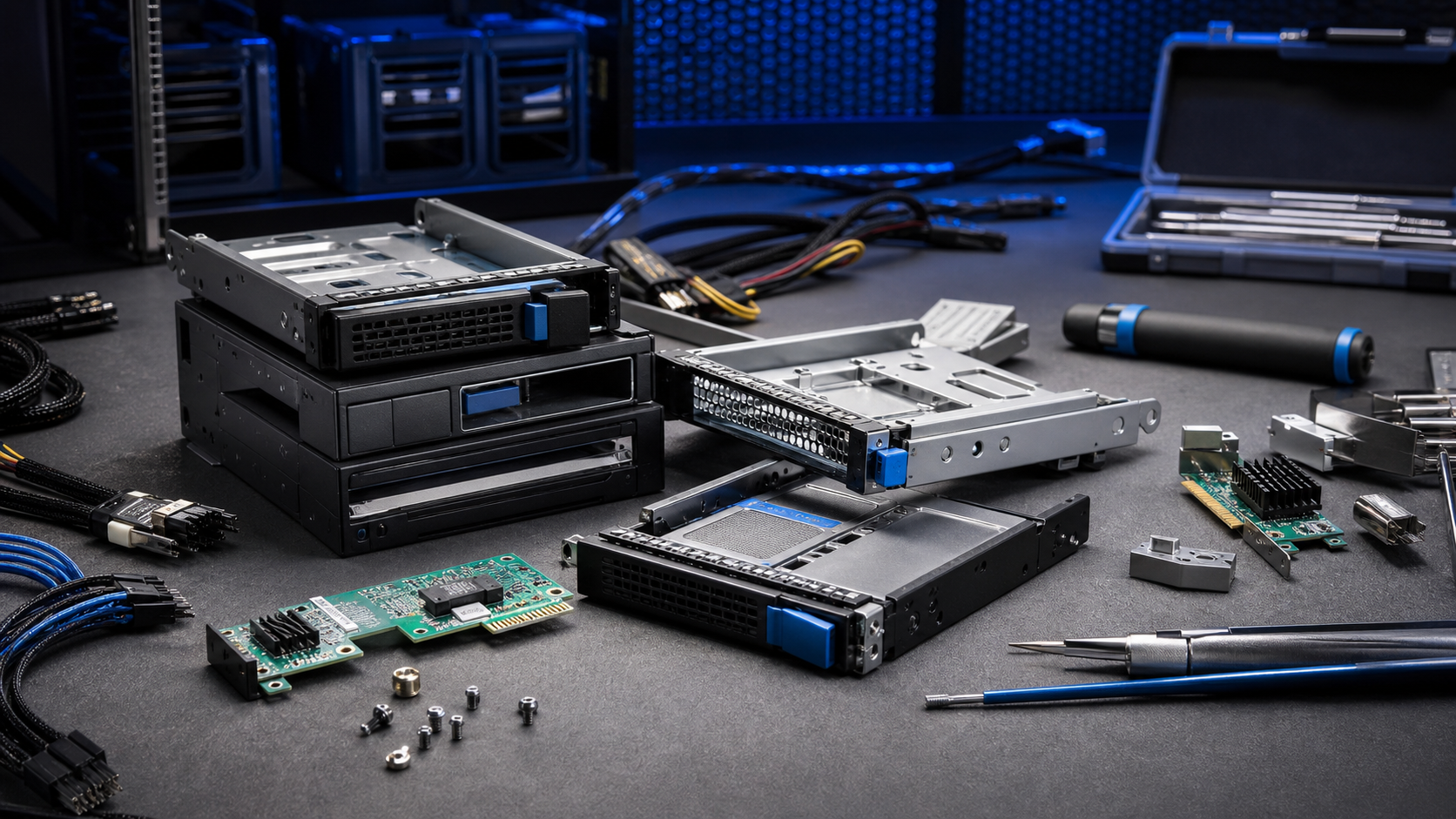 PC and server parts on a workbench