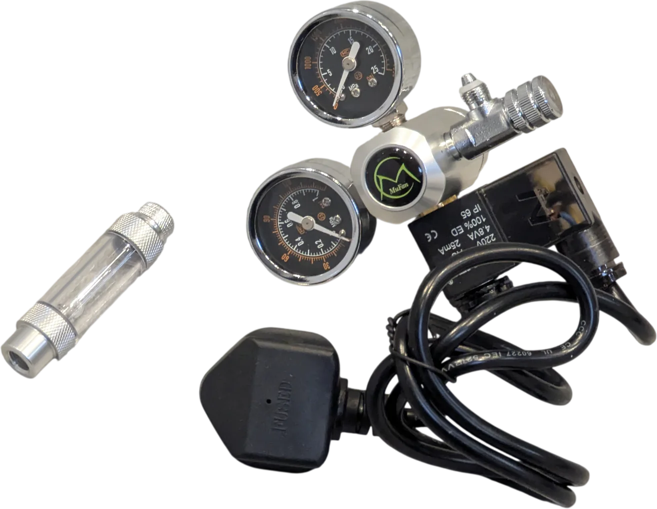 Mufan CO2 regulator, solenoid, bubble counter and power cable